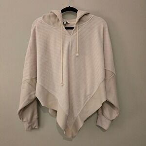 Davi & Dani Womens Beige Mixed Media Hooded Poncho Sweatshirt Handkerchief Hem L
